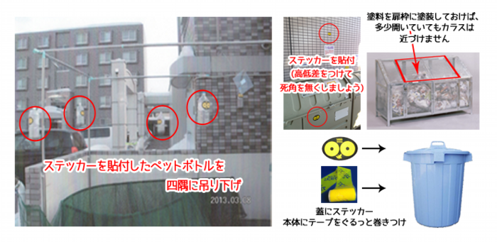 ゴミ置き場のカラス対策は、ステッカーやテープがオススメ!ゴミ置き場のカラス対策はステッカー・テープがオススメ!何かに貼り付けて吊下げるとより効果的です