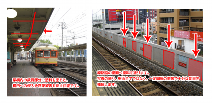 線路脇の壁面や駅舎の鉄骨部分に塗料を塗ると、カラスが近寄れなくなります
