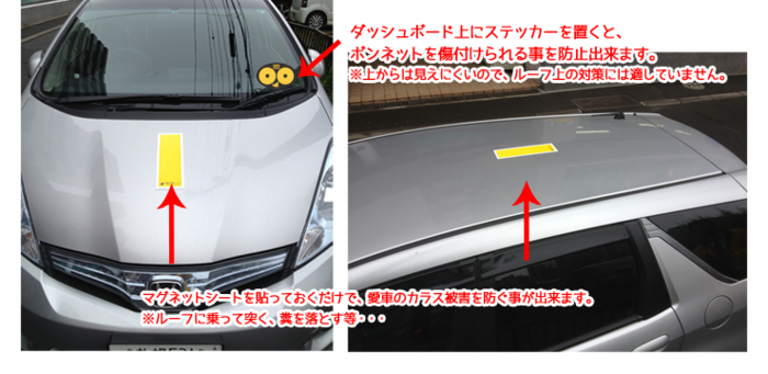 車のルーフやボンネットに磁石シートを貼り付けます。付け外しが容易なので、必要な時にだけカラス対策が可能です